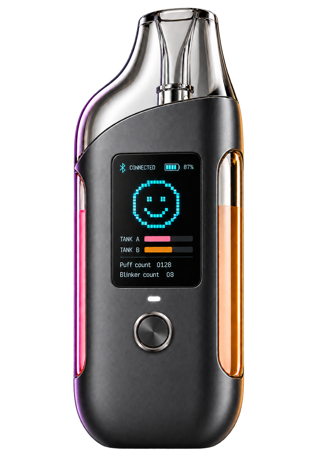 Dual device concept with two tanks, one physical button and an OLED showing connectivity, battery level, Tank A, Tank B, Puff count, Blinker count and a pixel smiley