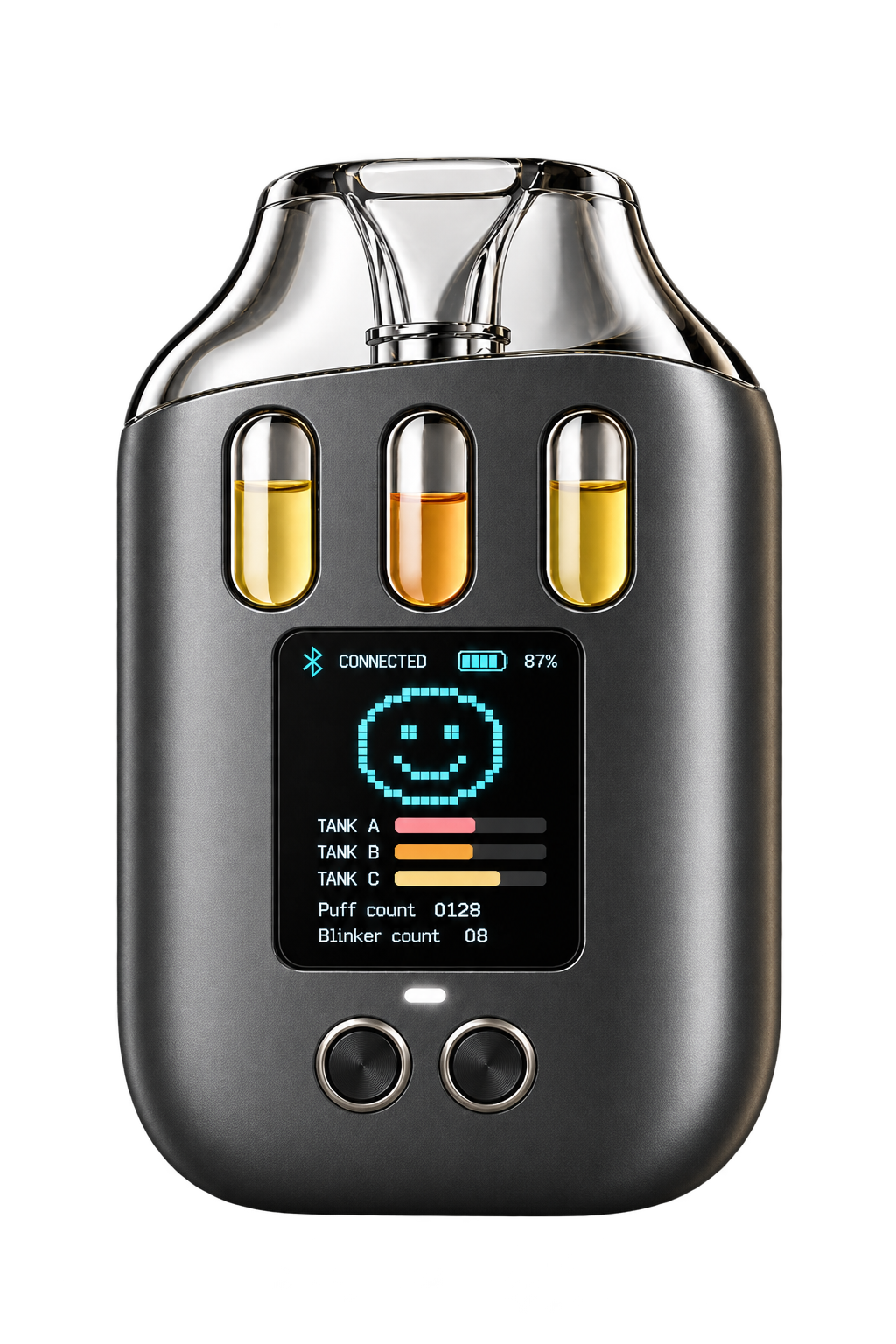 Triple AIO concept with two physical buttons and three integrated level windows in a sealed graphite body and a cyan pixel display