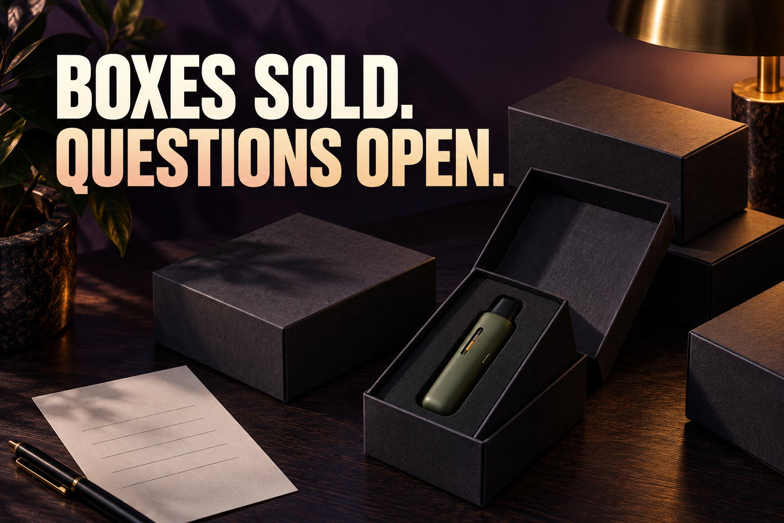 Boxes sold. Questions open. Plain cartons and a generic device.