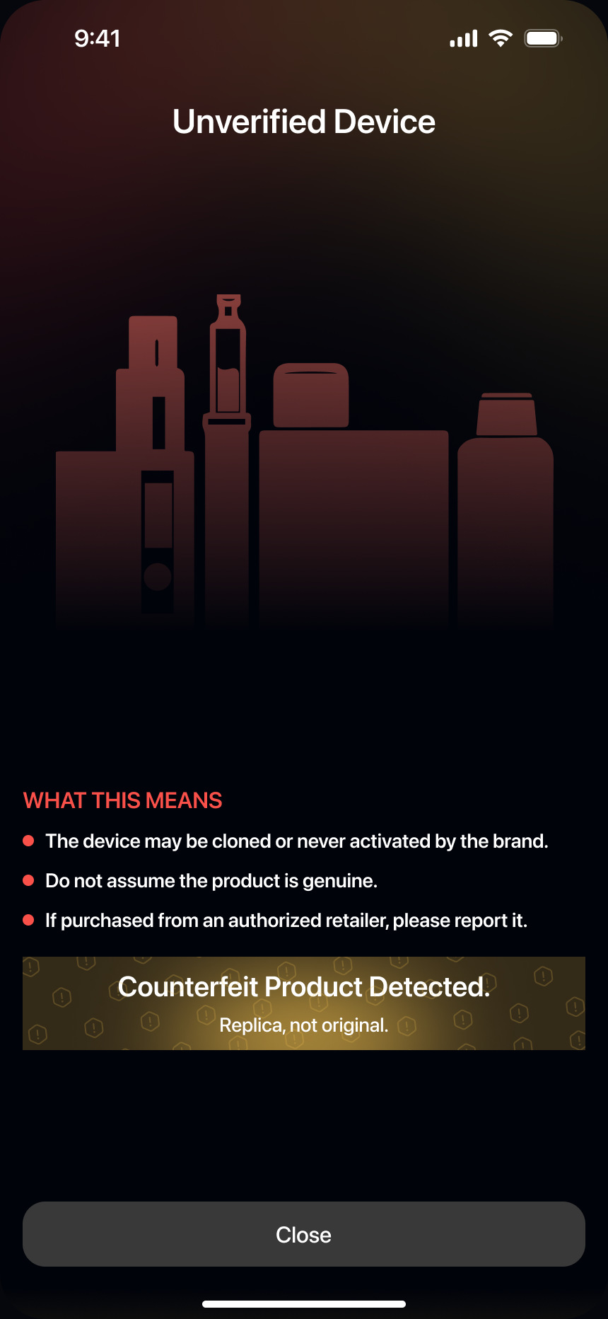 App screen: counterfeit product detected, with what this means