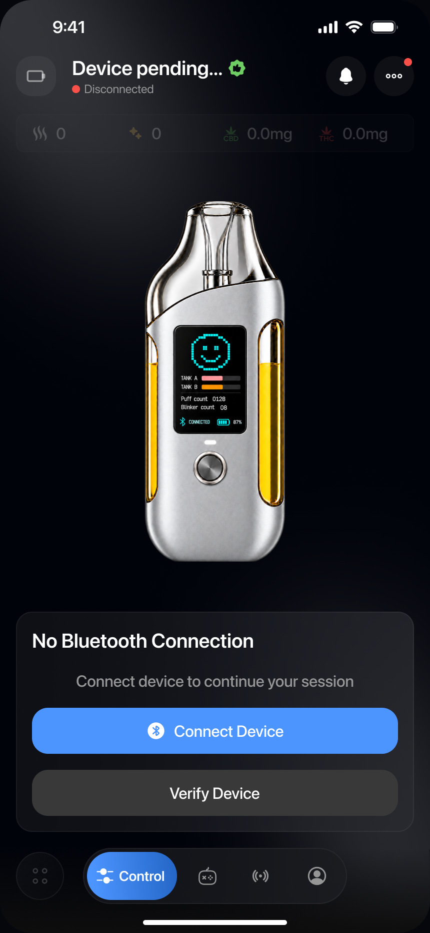 App screen: device pending, with Connect Device and Verify Device buttons