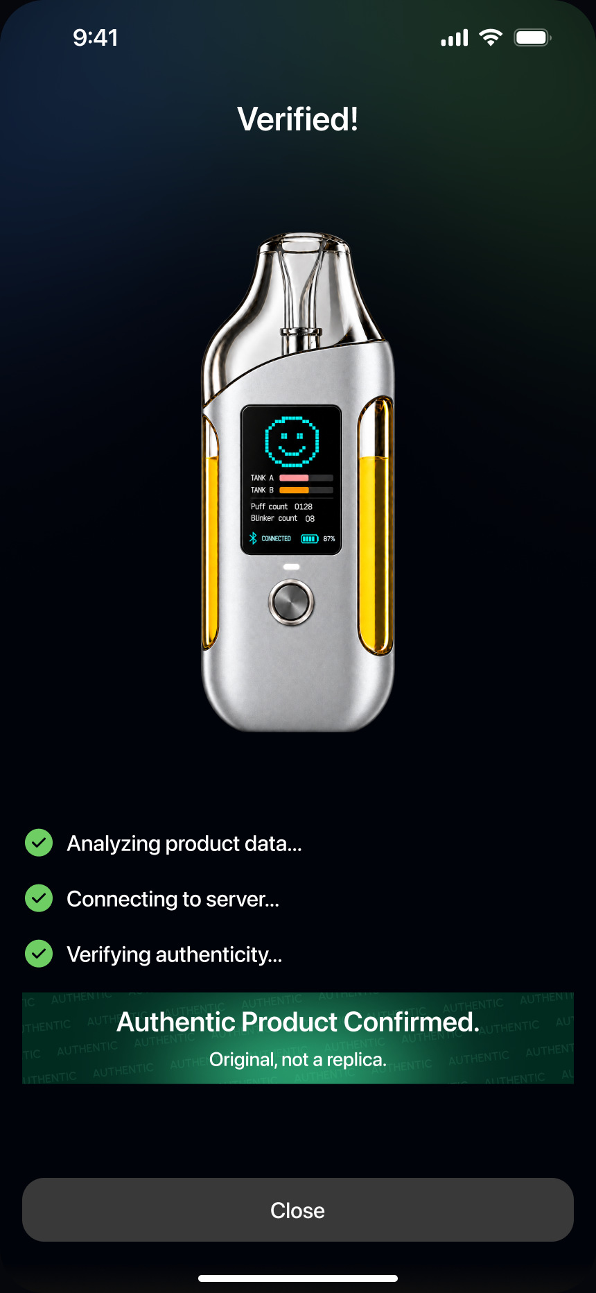 Authentication app screen: verified, authentic product confirmed