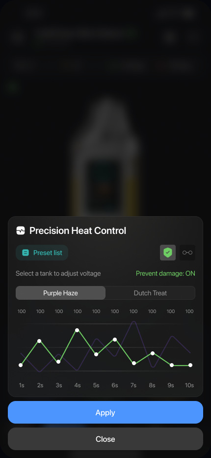 Precision Heat Control: a ten-second power curve for the selected tank