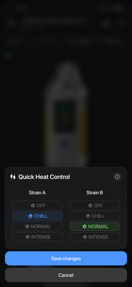 Quick Heat Control: off, chill, normal or intense for each tank