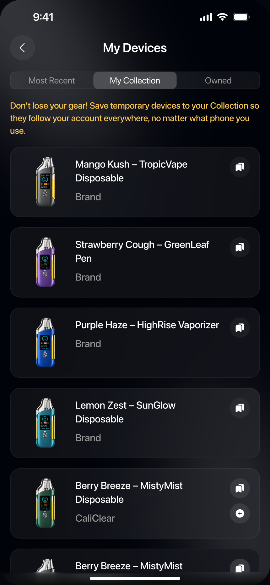 My Devices app screen: the owner’s collection