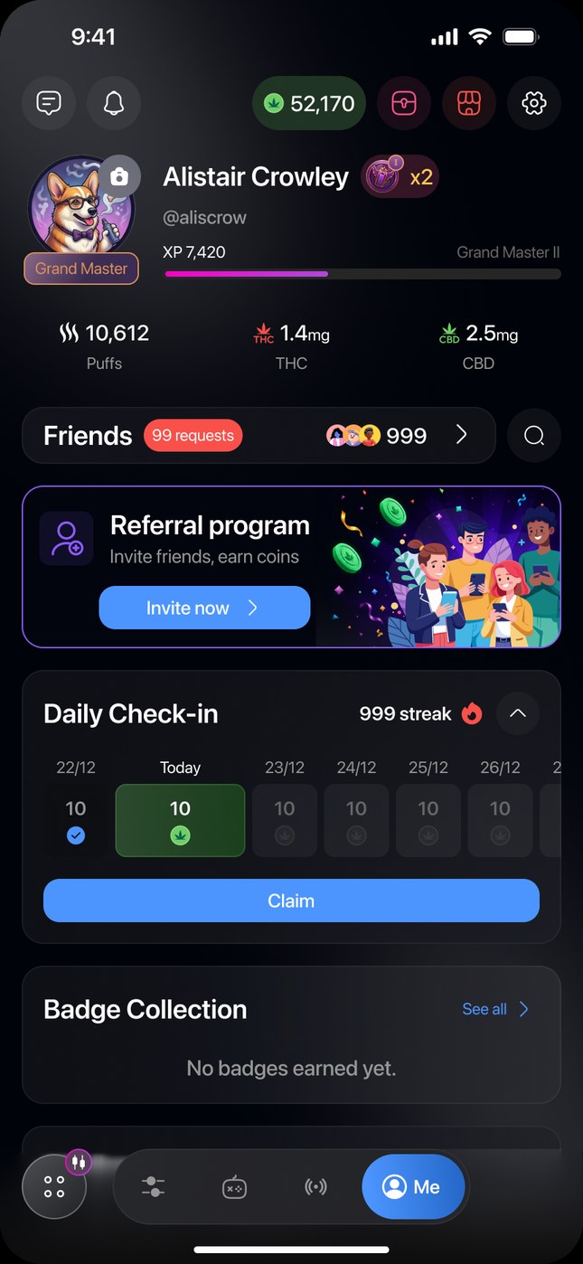 Me app screen: profile, tier, friends and daily check-in
