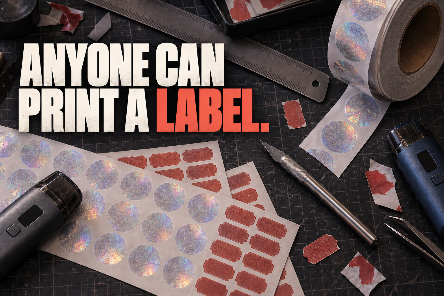 ANYONE CAN PRINT A LABEL. Printed security labels and generic devices on a cutting mat.