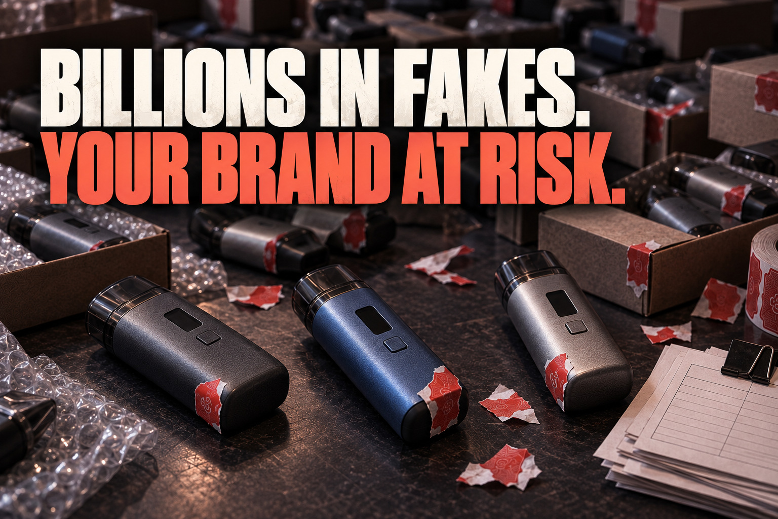 Billions in fakes. Your brand at risk. Generic lookalike devices, duplicate packaging and torn seals illustrate counterfeit commerce.