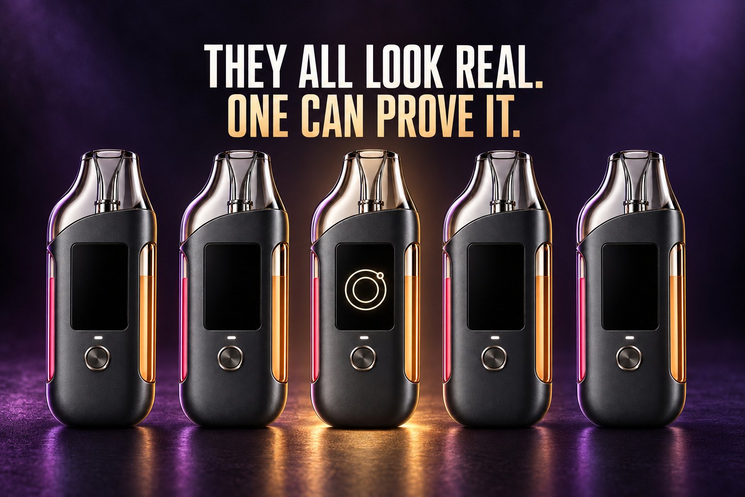THEY ALL LOOK REAL. ONE CAN PROVE IT. Five matching Dual device designs; one display lights up with the double-ring mark.
