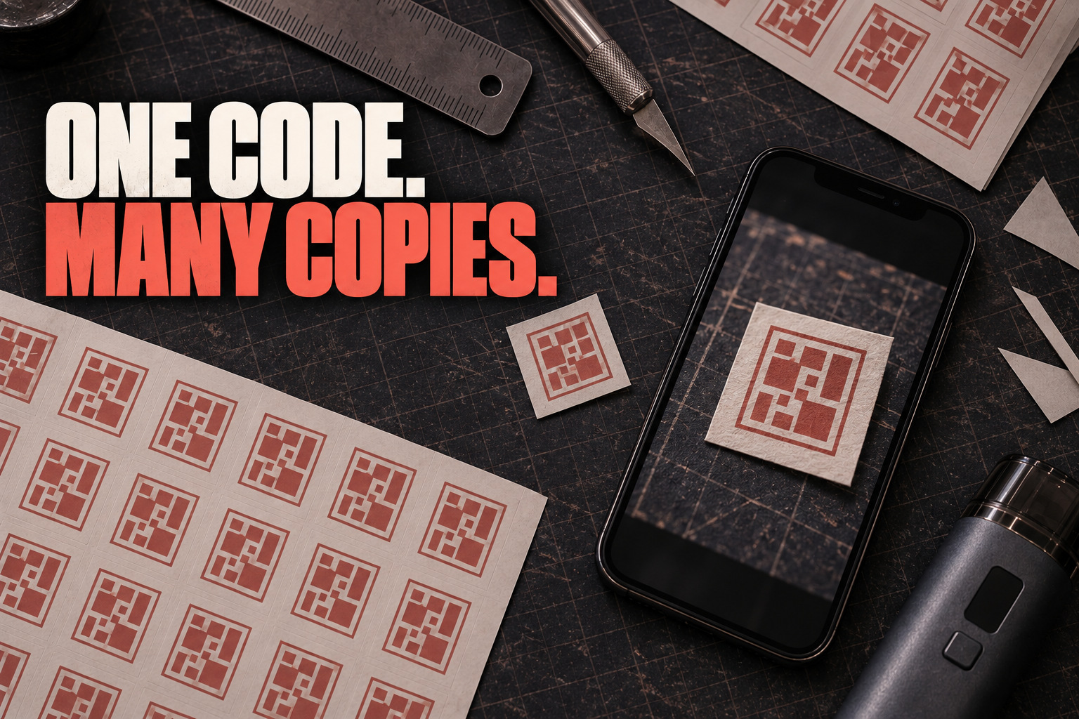 ONE CODE. MANY COPIES. A phone captures one of several identical printed code labels.