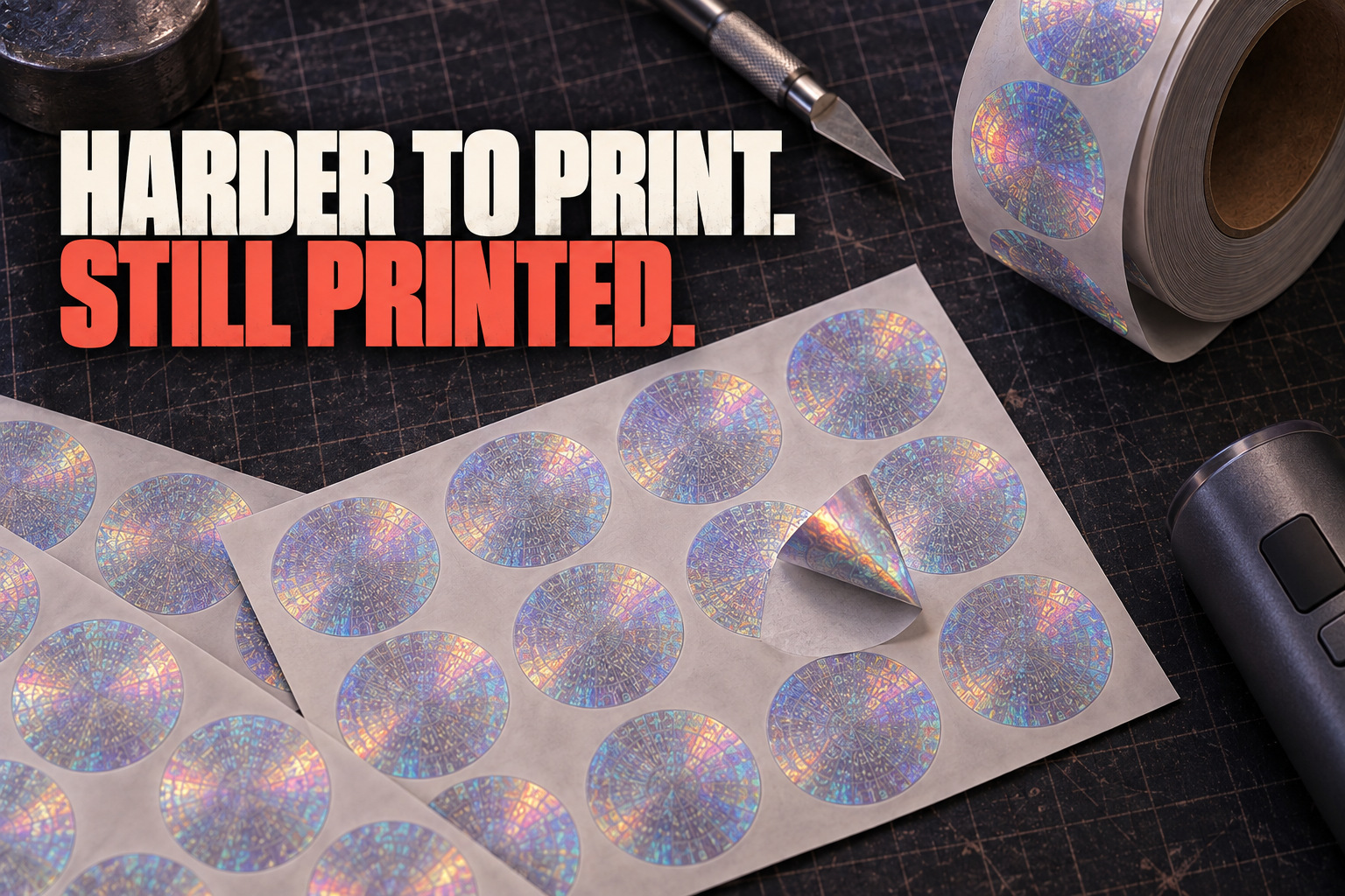 HARDER TO PRINT. STILL PRINTED. Repeated holographic seals, with a corner peeled from the sheet.