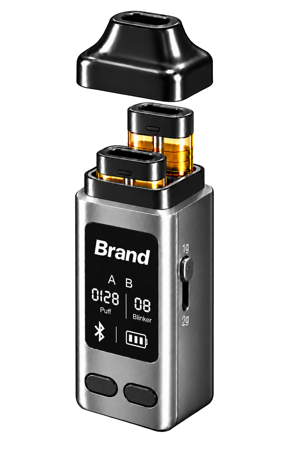 Dual Pod System design with an open cap and two removable pods, viewed from the right