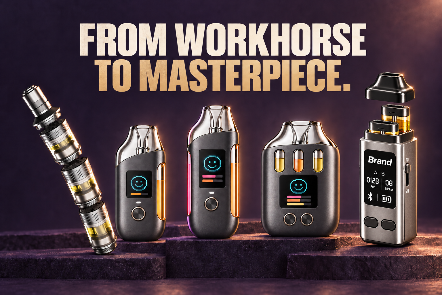 Editorial device-design poster: FROM WORKHORSE / TO MASTERPIECE. Stack, Single, Dual, Triple and Pod designs in one row.