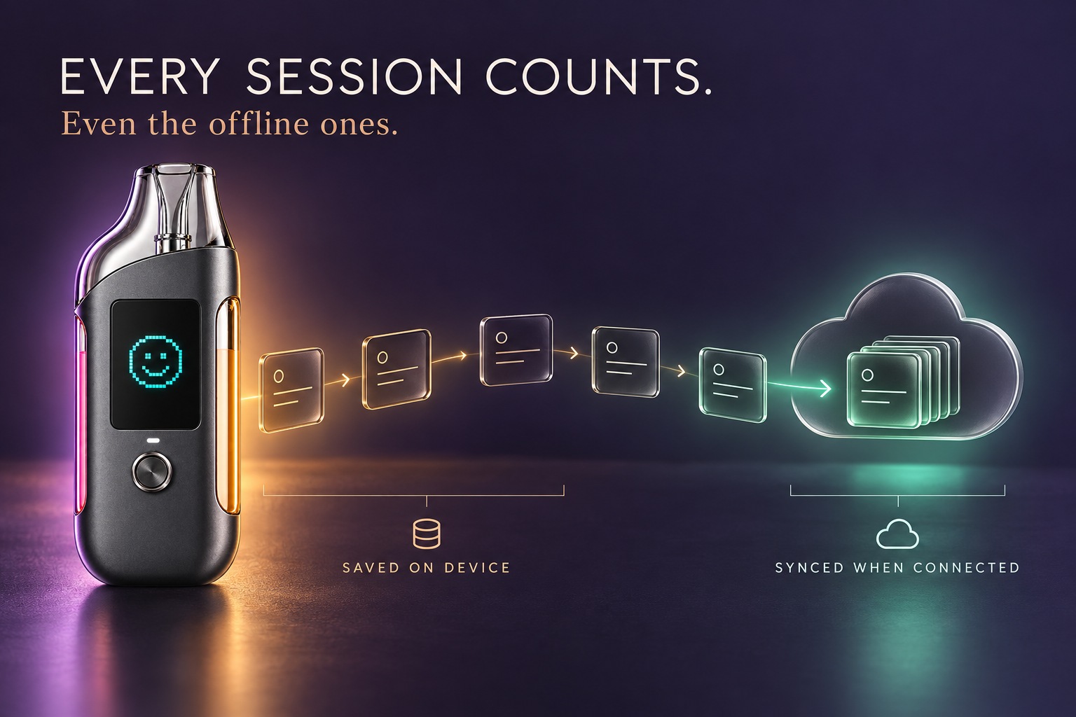 Every session counts. Even the offline ones. Session records are saved on the device and synced when connected.