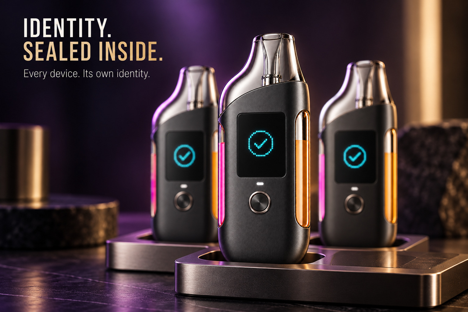 Identity. Sealed inside. Every device. Its own identity. Three devices in an illustrative verification fixture.
