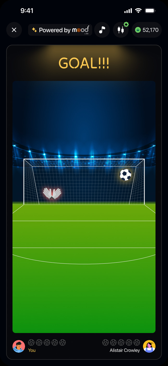 Final Kick app screen after a goal