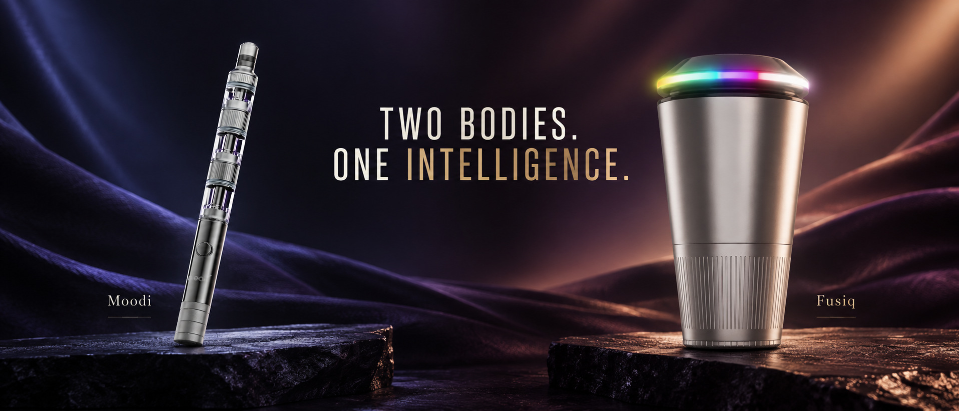 Two bodies. One intelligence. Moodi and Fusiq in a reference-guided studio composition.