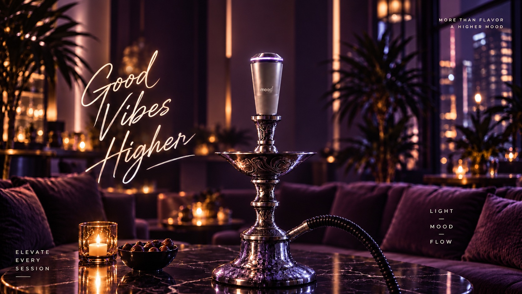 Fusiq on a shisha vase in a plum lounge with warm light; the poster reads Good Vibes Higher, Elevate every session, Light, Mood, Flow