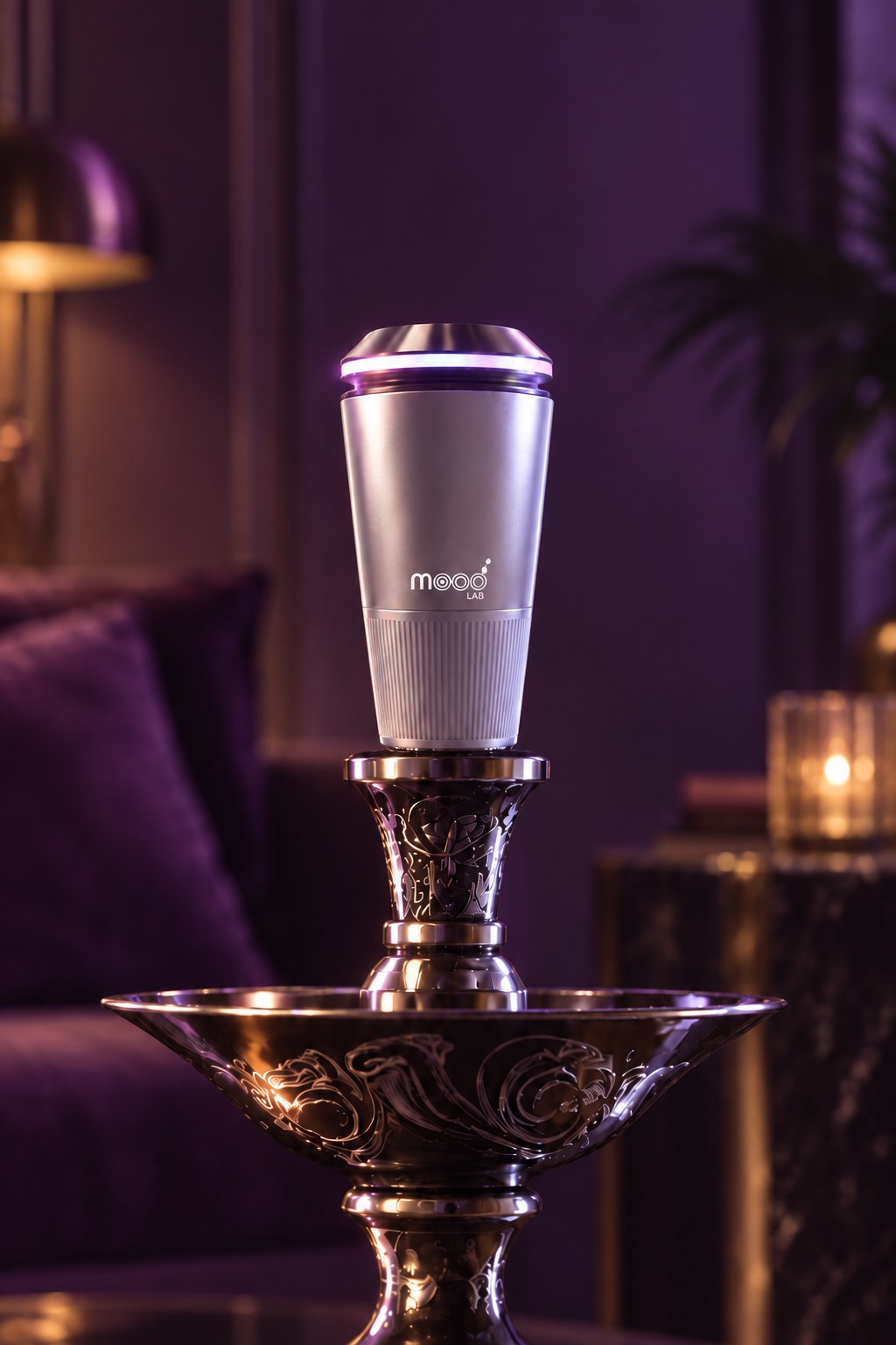 Close view of the silver Fusiq and its mount under soft violet and champagne light