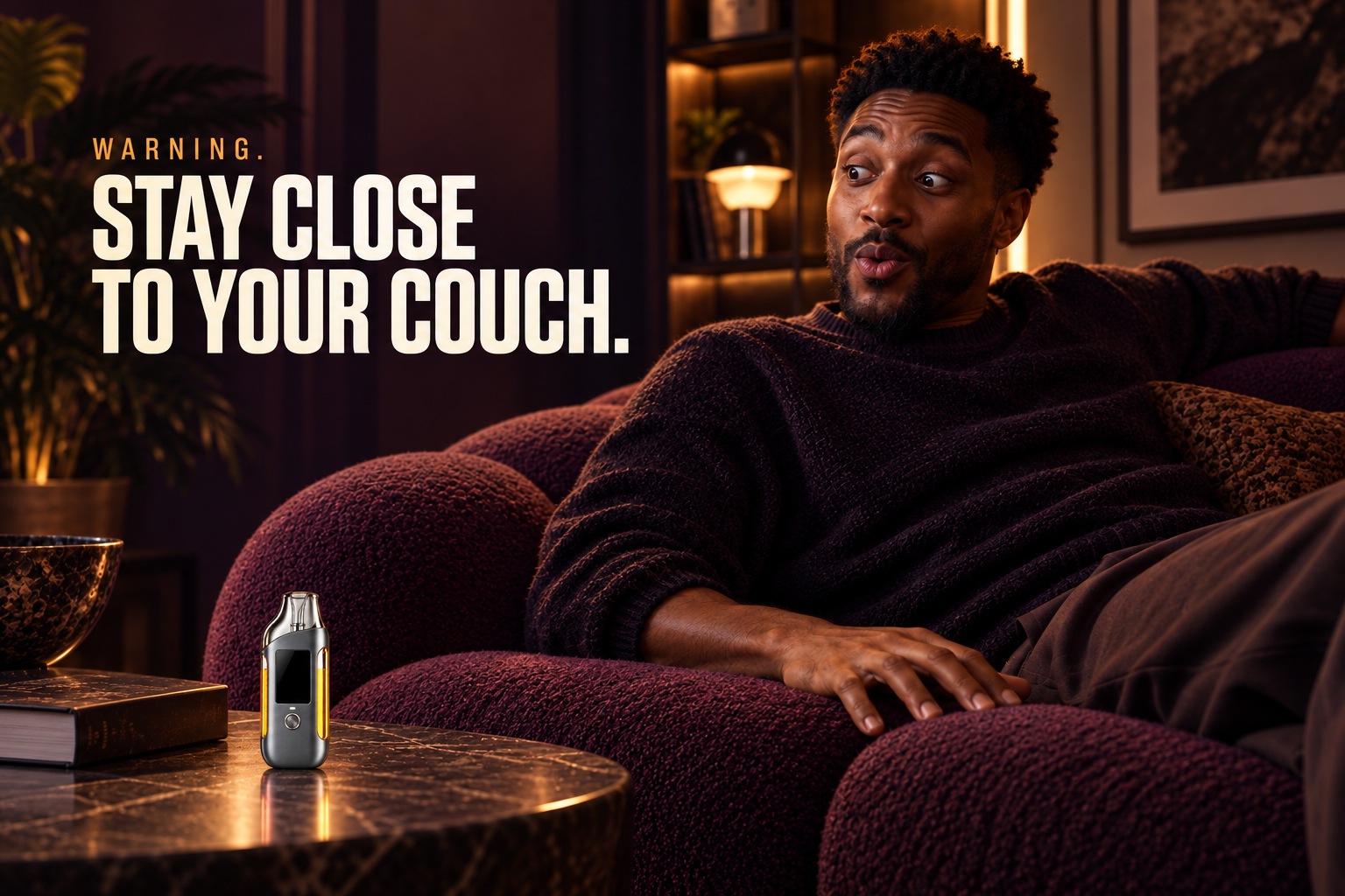Warning. Stay close to your couch. A playful lounge scene with the silver Leaf Dual on a side table.