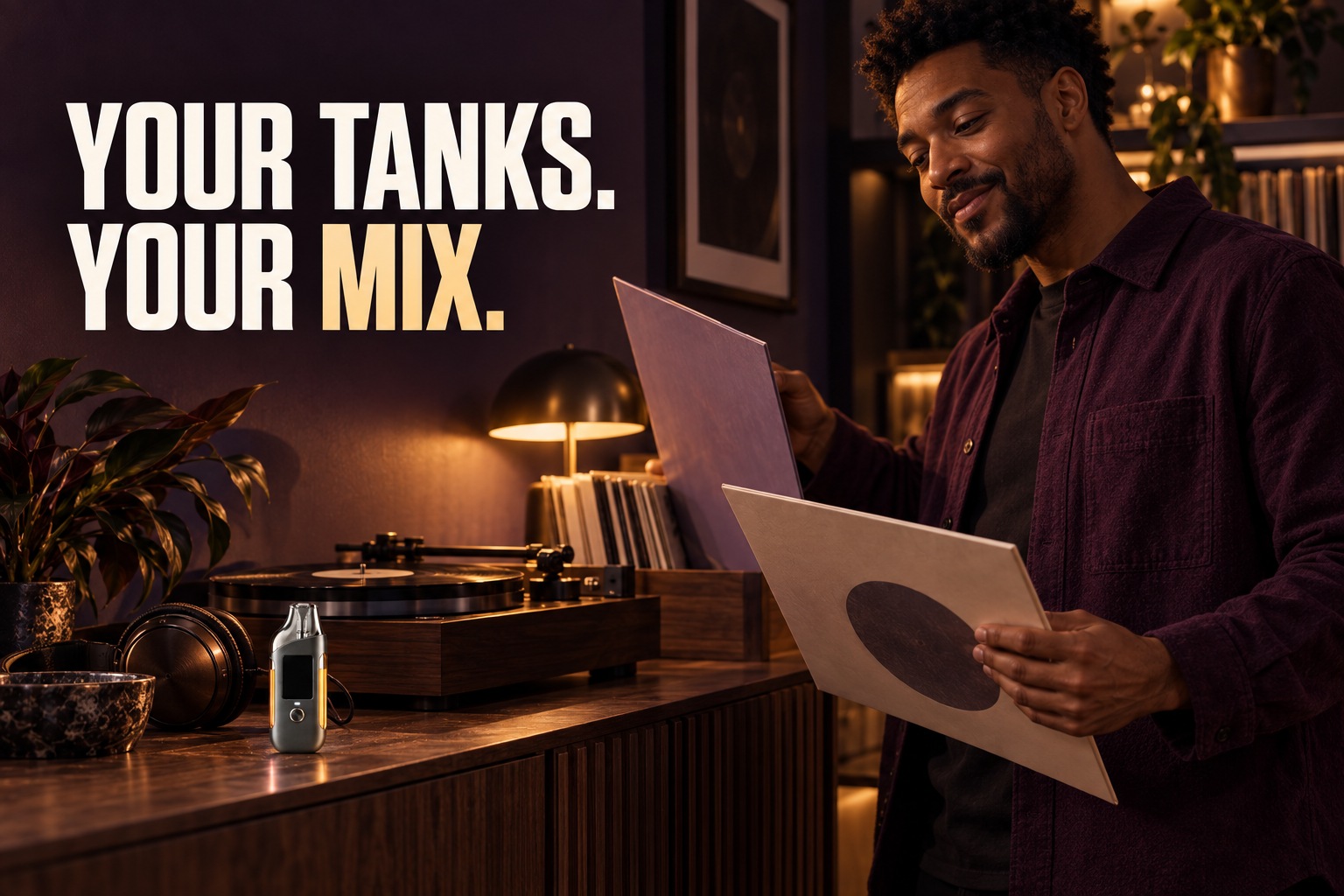 Your tanks. Your mix. Choosing records in a listening corner with the Leaf Dual on the console.