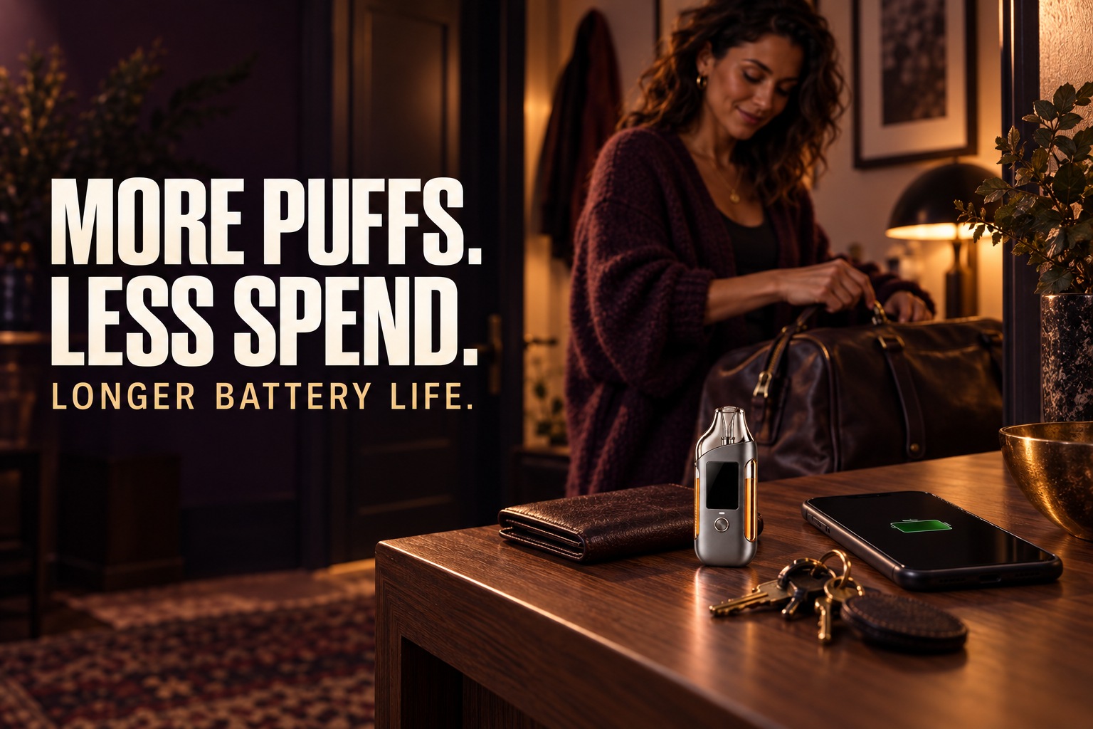 More puffs. Less spend. Longer battery life. Packing a weekender beside the Leaf Dual, phone, wallet and keys.