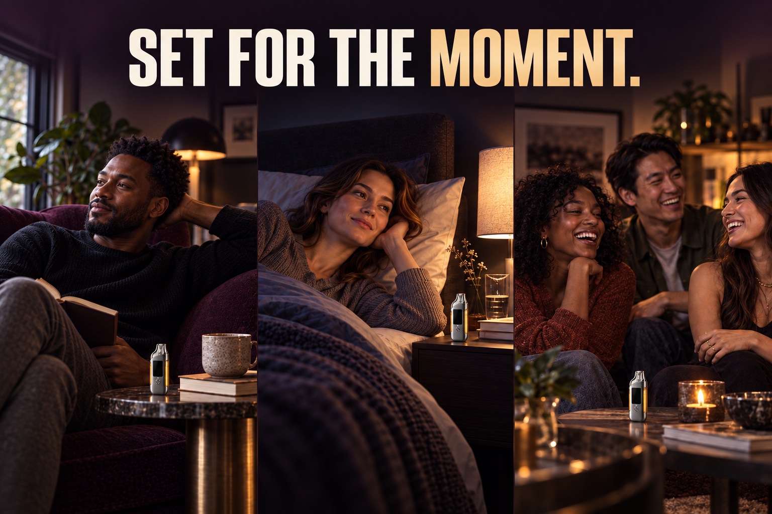 Set for the moment. Three everyday scenes: unwinding, evening rest and time with friends, each with the Leaf Dual.