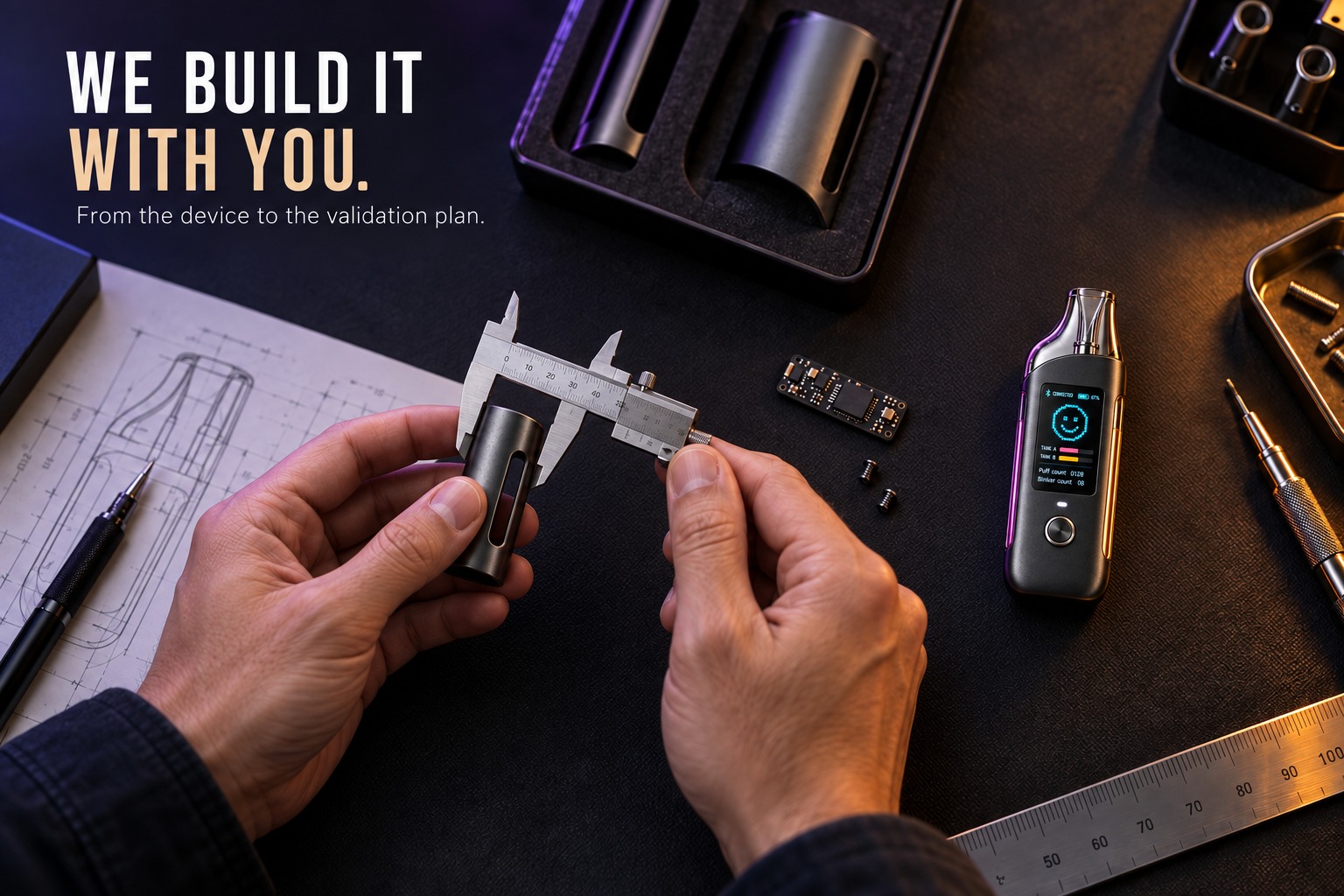 We build it with you. From the device to the validation plan. Illustrative engineering workbench.