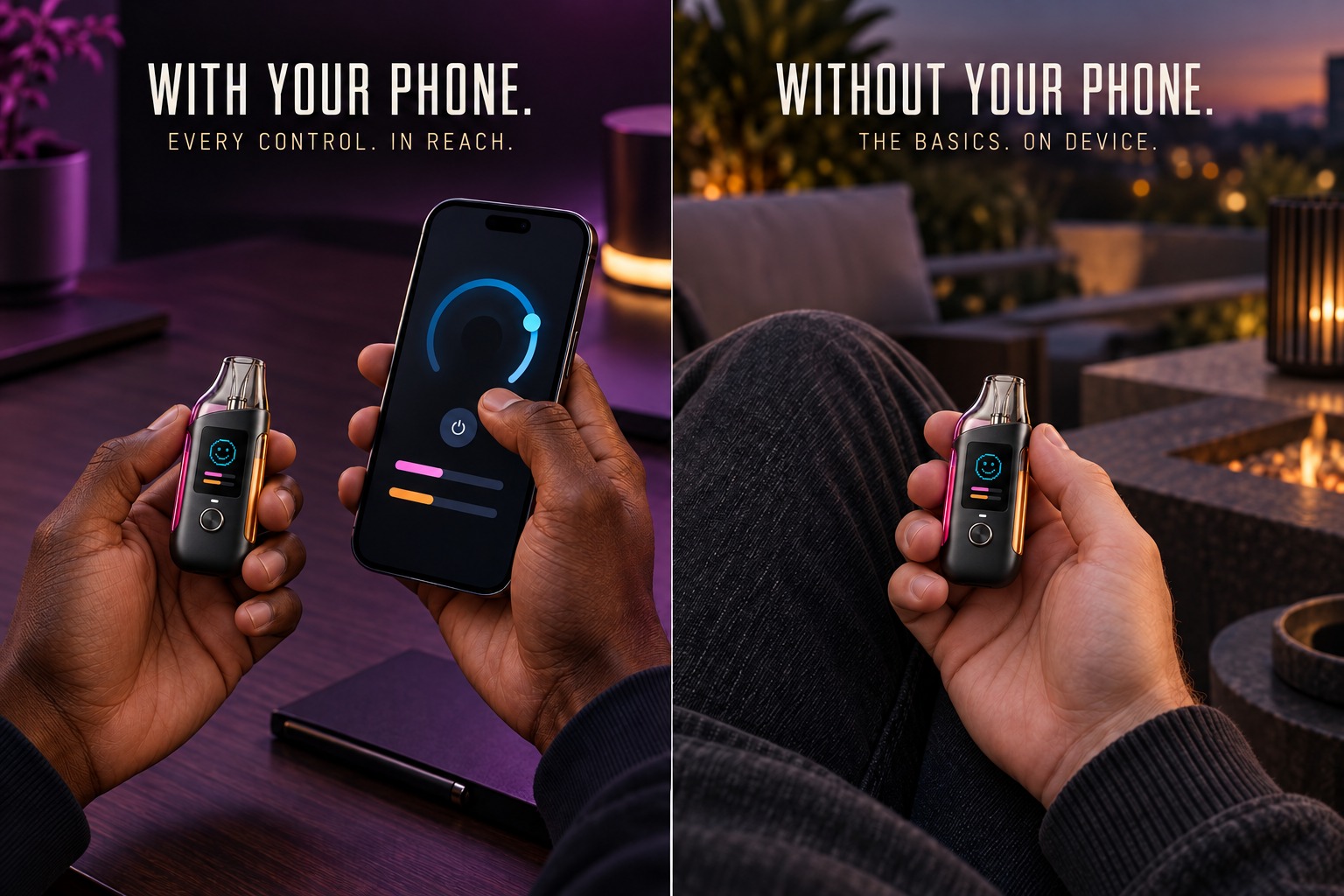 With your phone: every control in reach. Without your phone: the basics on device. A split photograph of two adults holding a Dual device, one with a phone.