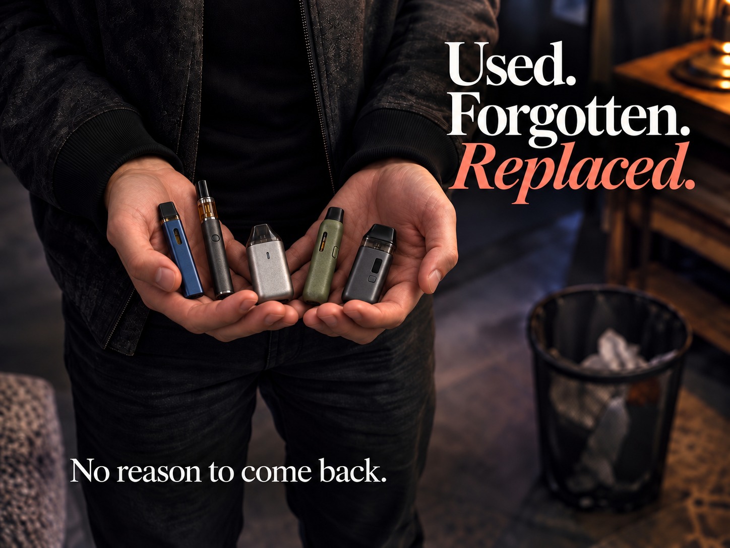 Used. Forgotten. Replaced. No reason to come back. Hands holding multiple devices beside a blurred wastebasket.