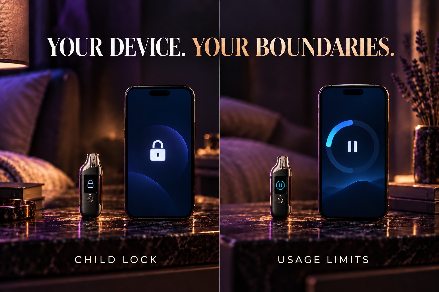 Your device. Your boundaries. Child Lock and Usage Limits shown in a split-screen composition.